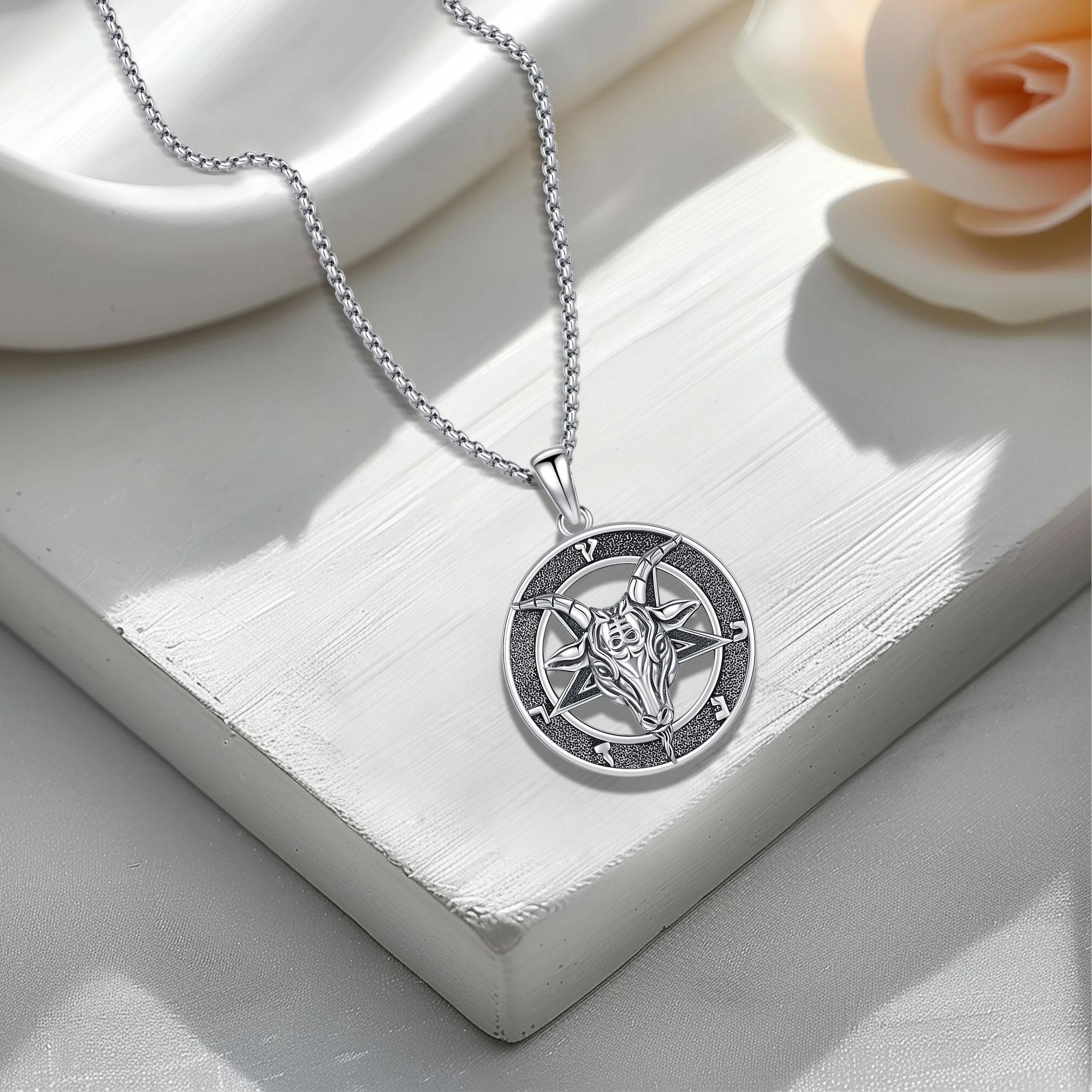 DRINSPER S925 Baphomet Necklace Pagan Jewelry Goat Head Inverted Pentagram Pentacle 925 Sterling Silver Pendant Wicca Jewelry Gifts Altar Satanism Gothic Punk Goth Witch Jewelry Accessories for Men