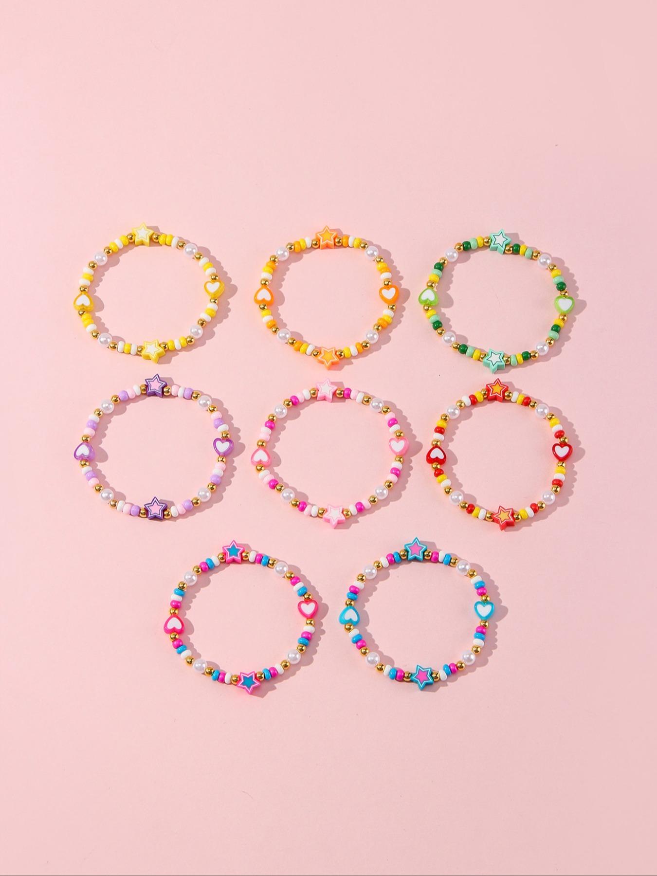 8pcs/set Multicolor Acrylic Heart Star Glass Pearl Beaded Bracelets, Girls' Party Gifts, All Seasons Fashion Accessories