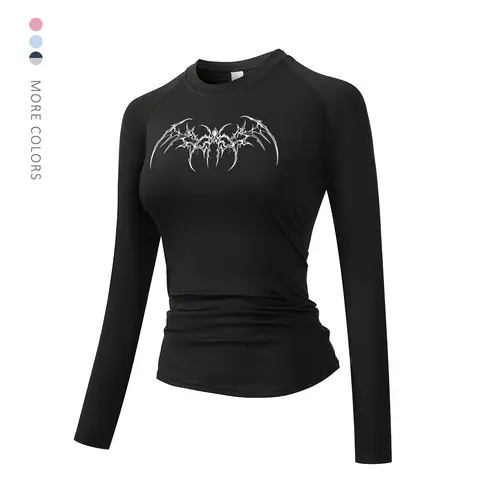 Women's Gothic Symmetrical Print Long Sleeve Sporty Top, Round Neck Quick-Dry Breathable Stretch Yoga Running Workout Shirt Activewear Tops