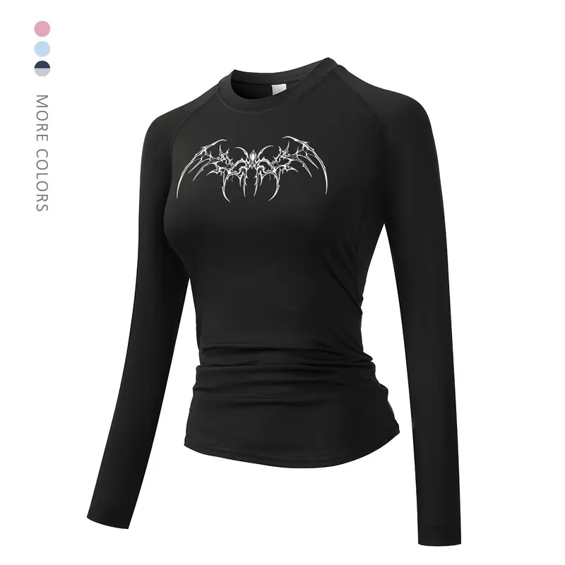 Women's Gothic Symmetrical Print Long Sleeve Sporty Top, Round Neck Quick-Dry Breathable Stretch Yoga Running Workout Shirt Activewear Tops