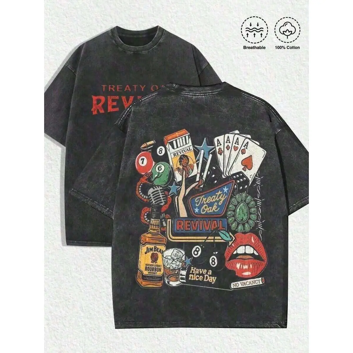 Treaty Oak Revival Distressed Vintage Graphic Tee,Men 100% Cotton Crew Neck Short Sleeve T‑Shirt,Retro Entertainment Collage Print Casual Daily Gift Tee