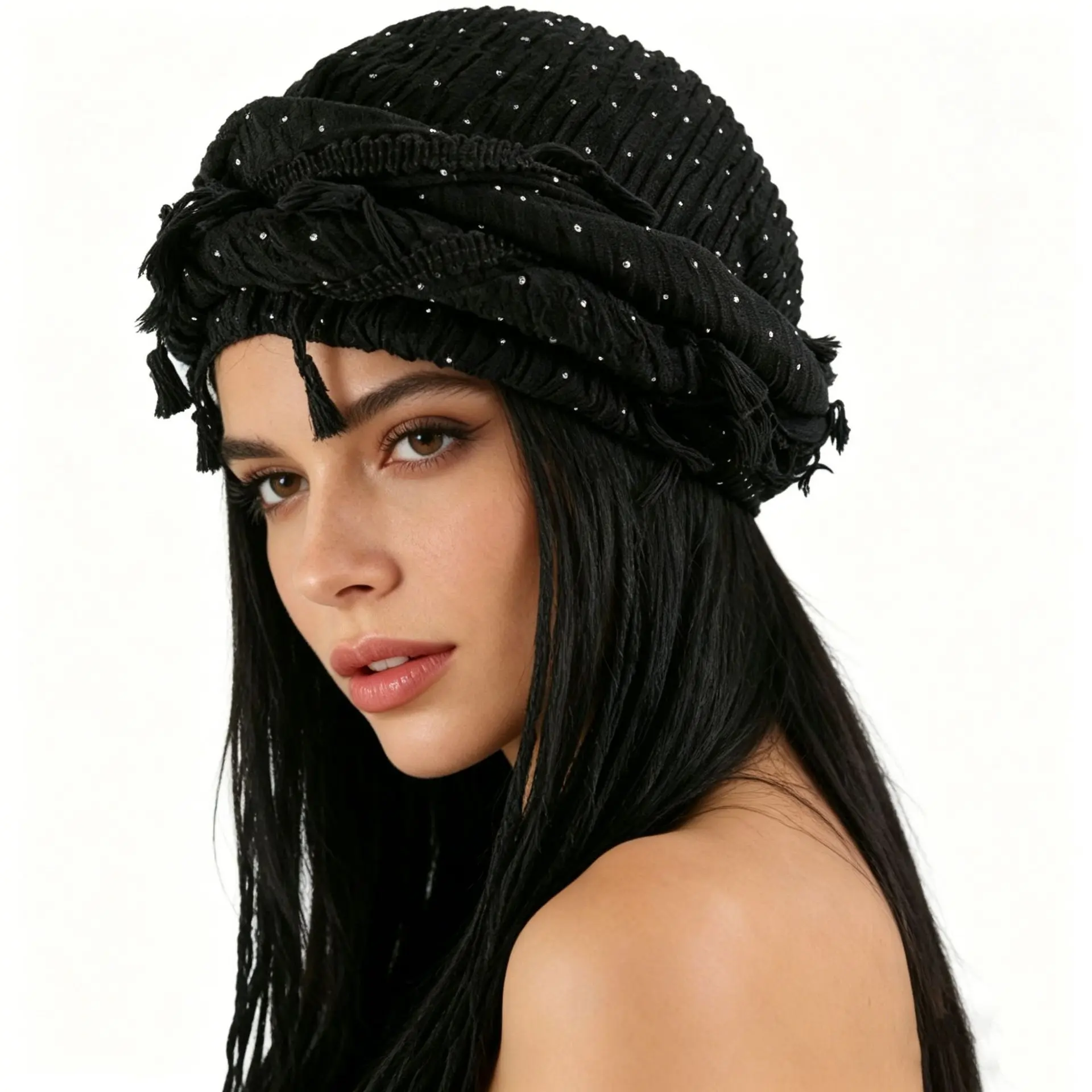 Unisex Boho Knit Cap - Dreadlock Tassel Reggae Beanie with Rhinestone Trim, Adjustable Wrap, Colorful Sports & Outdoor Headwear for Festivals, Streetwear