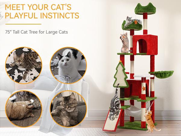 Yitahome Tall Cat Tree Tower for Indoor Cats, 75in Multi-Level Cat Climbing Tower with Cat Condos, Top Perches, Hammock, Sisal Scratching Posts and Board, Kittens Play Activity Center, Christmas Decor
