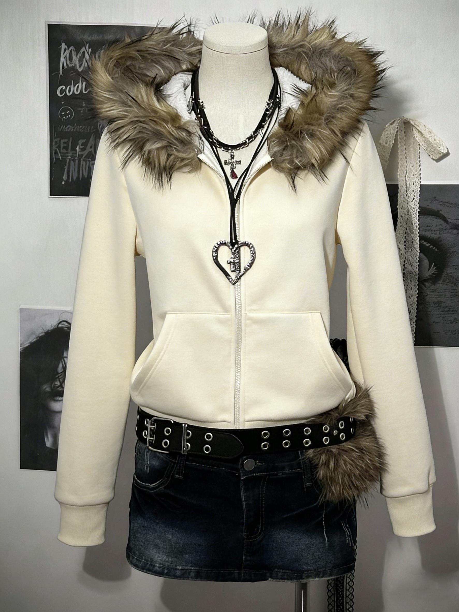 Y2K Gothic Black Faux Fur Hooded Solid Zip-Up Hoodie | Versatile All-Black Fall/Winter Style | Thickened Warm Fabric | Edgy Alt-Style Streetwear | Casual Daily Outfit | Fall/Winter Thermal Top | Trendy Dark Aesthetic 2000s Style Clothing Women