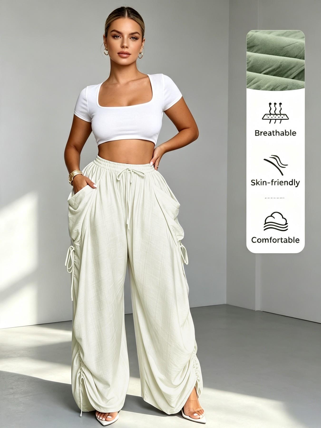 High-Waisted Drawstring Straight-Leg Pants for Women, Casual Comfortable Home Wear, Spring & Fall Fashion, Plain Pattern, Multiple Colors Available
