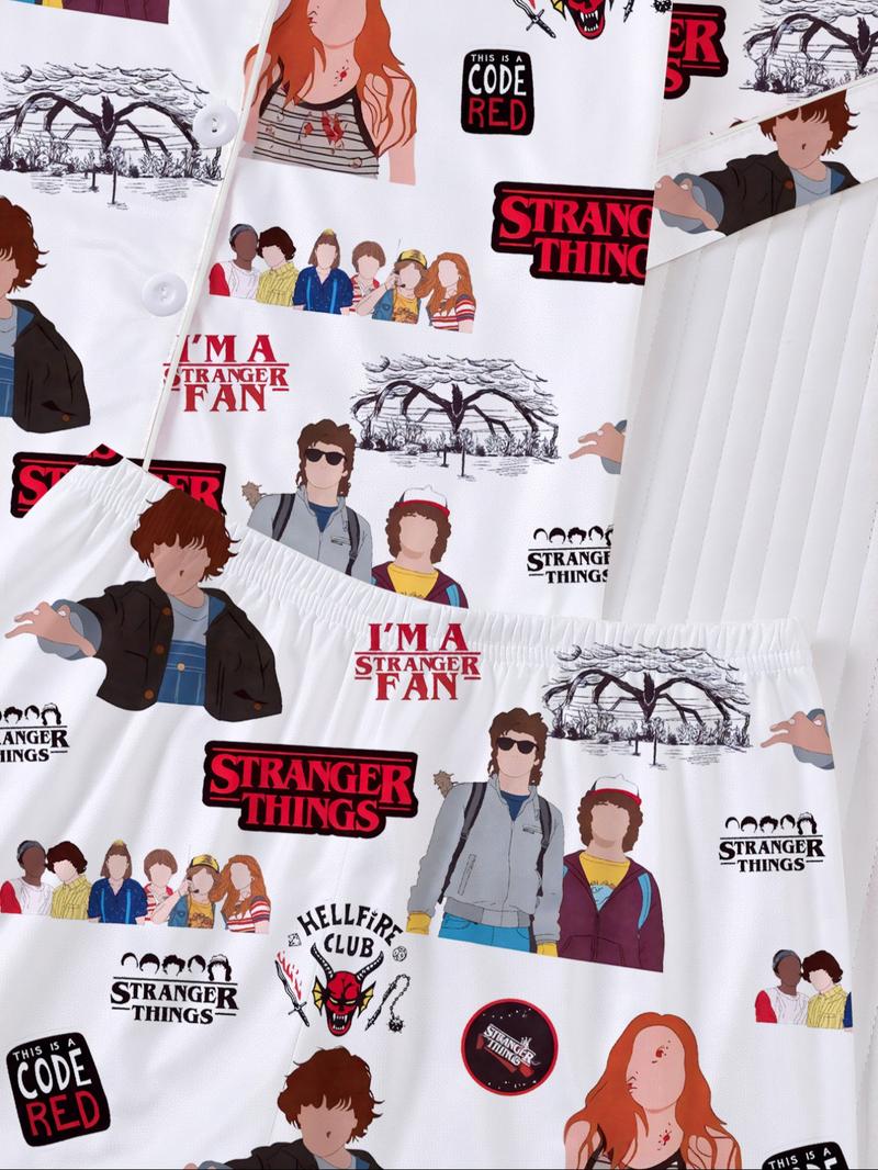 Stranger Things Cartoon Print Pajama Set for Kids - Summer Short Sleeve Cartoon Print Home Wear 2-Piece Set for Boys and Girls, New Flame-Retardant Turn-Down Collar Shirt and Loose Elastic Waist Ruffled Shorts Set. The pajamas feature iconic character pri