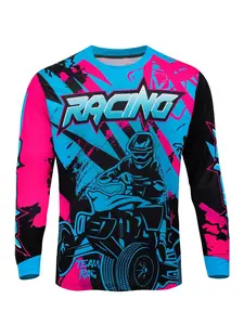 Men's Off-Road Cycling Long Sleeve Top, Racing Text and Quad Bike Print, Blue Graffiti Style, Casual Loose-Fit, All Seasons