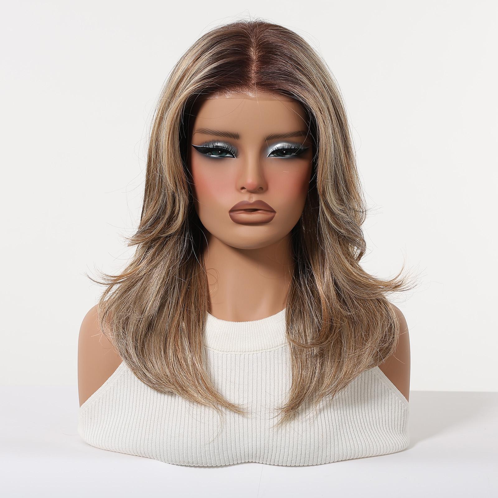 TOPSHE MONO 5.5*5 18 Inch Long Layered Wavy Ombre Brown Blonde Wig Synthetic Hair Heat Resistant Lace Front Wig for Women