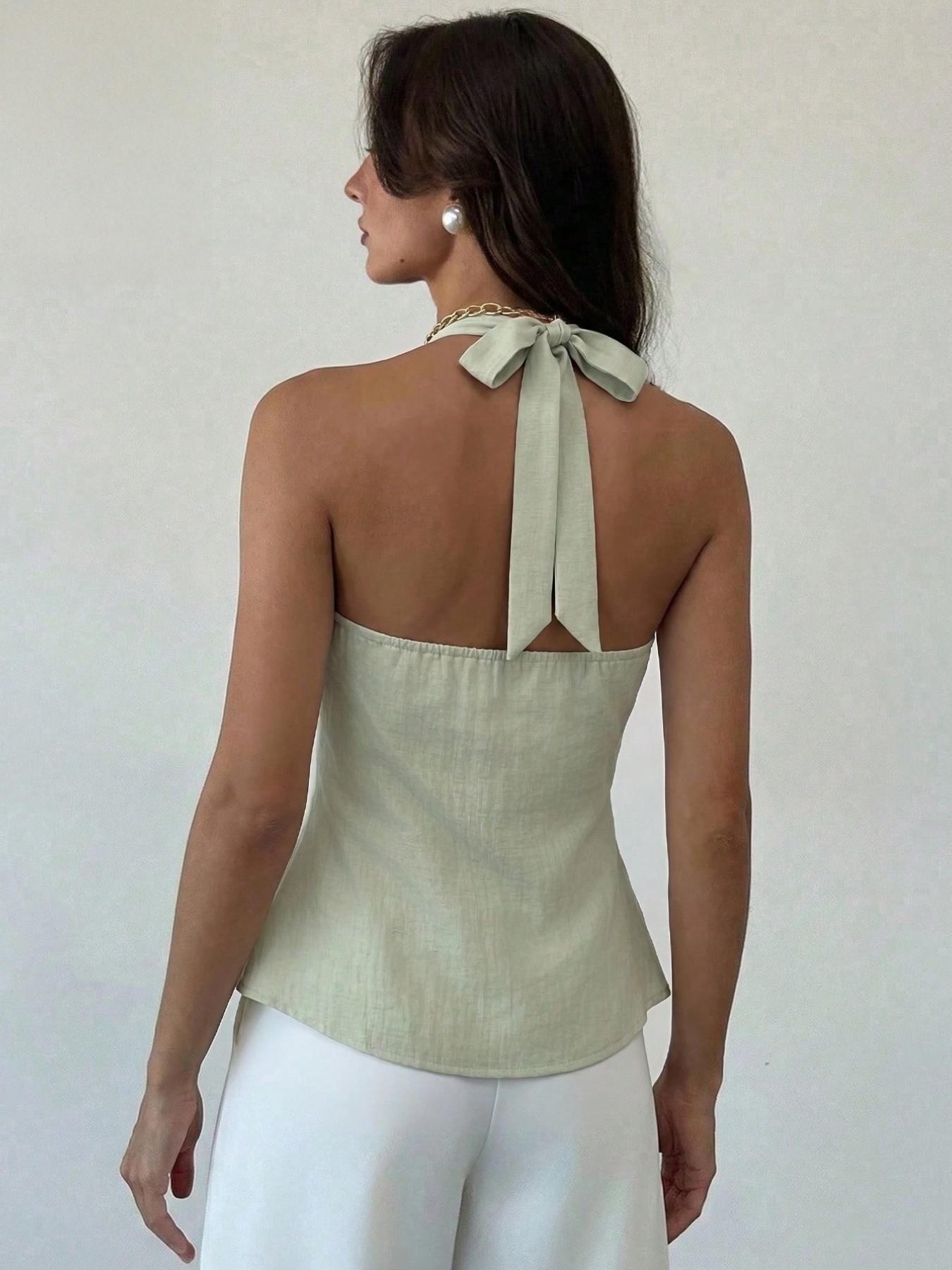 European Style Linen Halter Tie Front Top, Summer V-Neck Metal Buckle Waistless Sleeveless Shirt, French Vacation Chic Casual Slimming Backless Outerwear Women