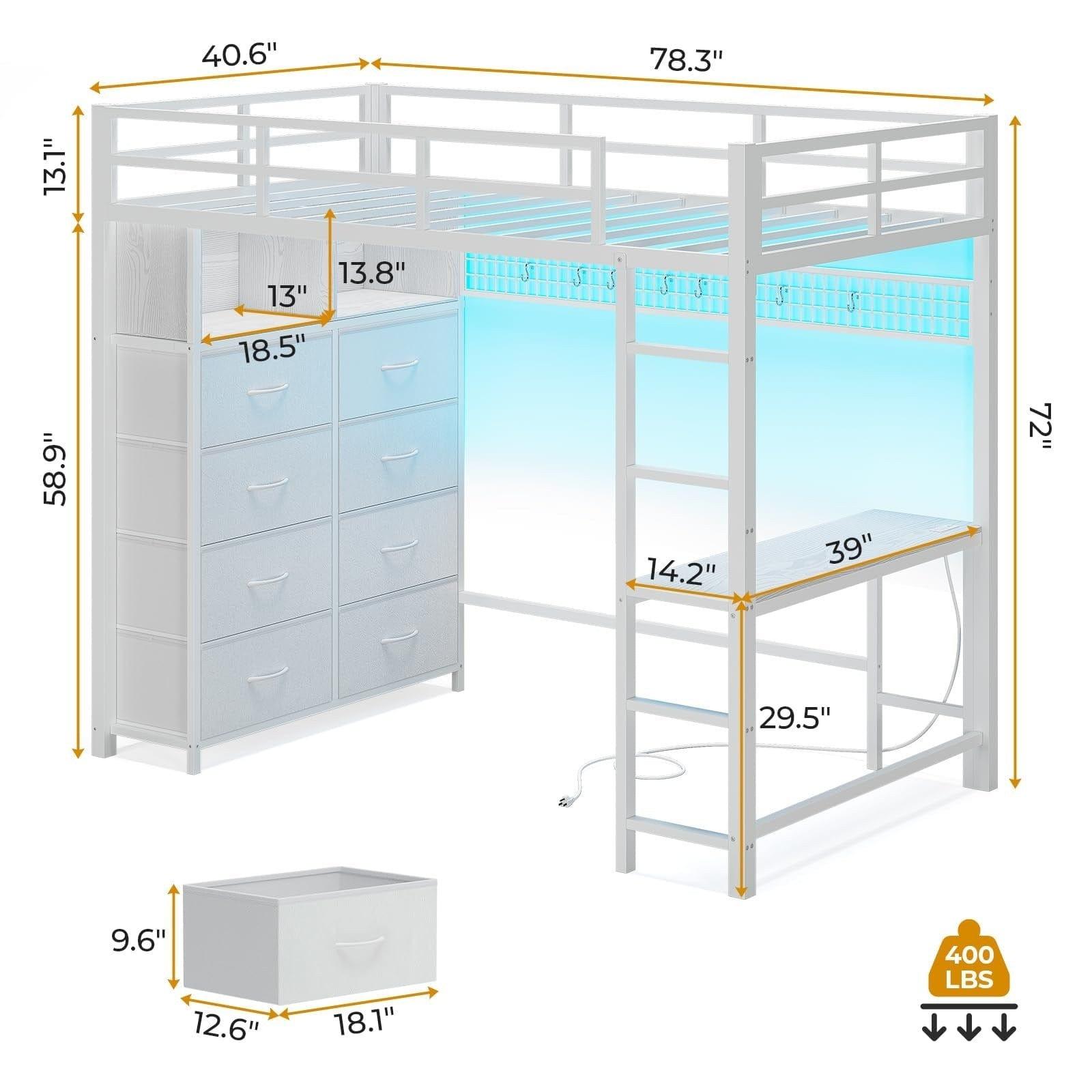 Sikaic Twin Size Loft Bed with Desk and 8 Storage Drawers Metal Loft Bed with LED Lights & Charging Sation, Storage Shelves, 13.1" H Safety Guard & Ladder Bedroom Bedframe Bedroom Furniture