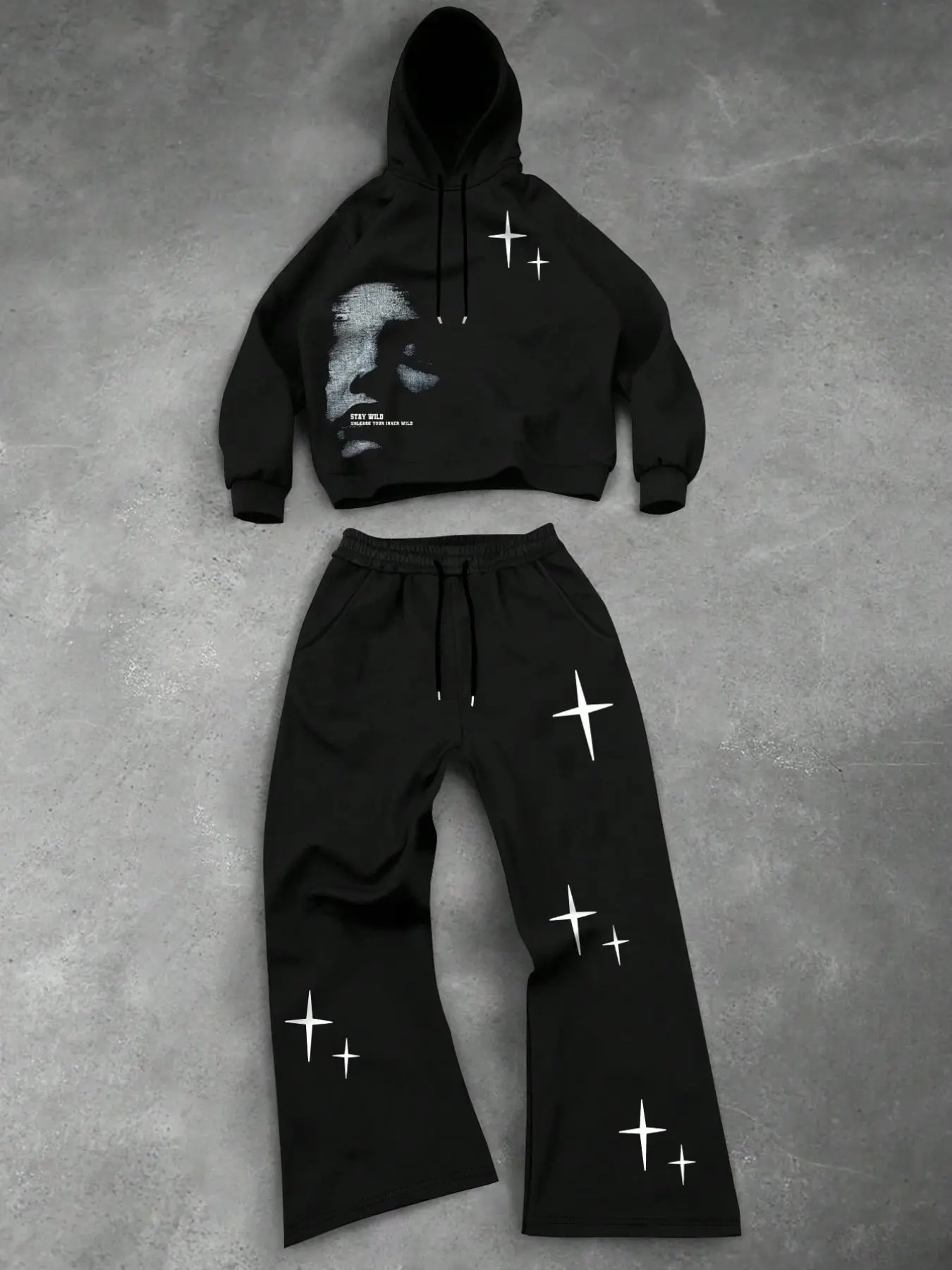 Men's Street Style Loose-Fitting Print Suit, Hooded Sweatshirt and Long Pants Set, Trendy Sports for All Seasons