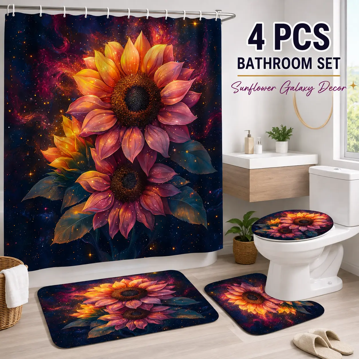 Sunflower Galaxy Bathroom Set, 4PC Shower Curtain with Non-Slip Bath Mat, Toilet Cover and U-Shaped Rug
