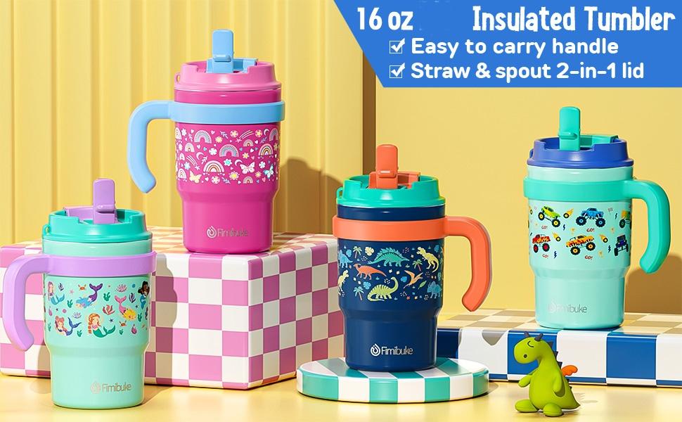 Fimibuke Insulated Tumbler with Handle & Straw - 16oz Leak Proof, BPA FREE, 18/8 Stainless Steel Tumbler with Sip/Swig 2-in-1 Lid, Water Bottle Drinking Cups Travel Mugs