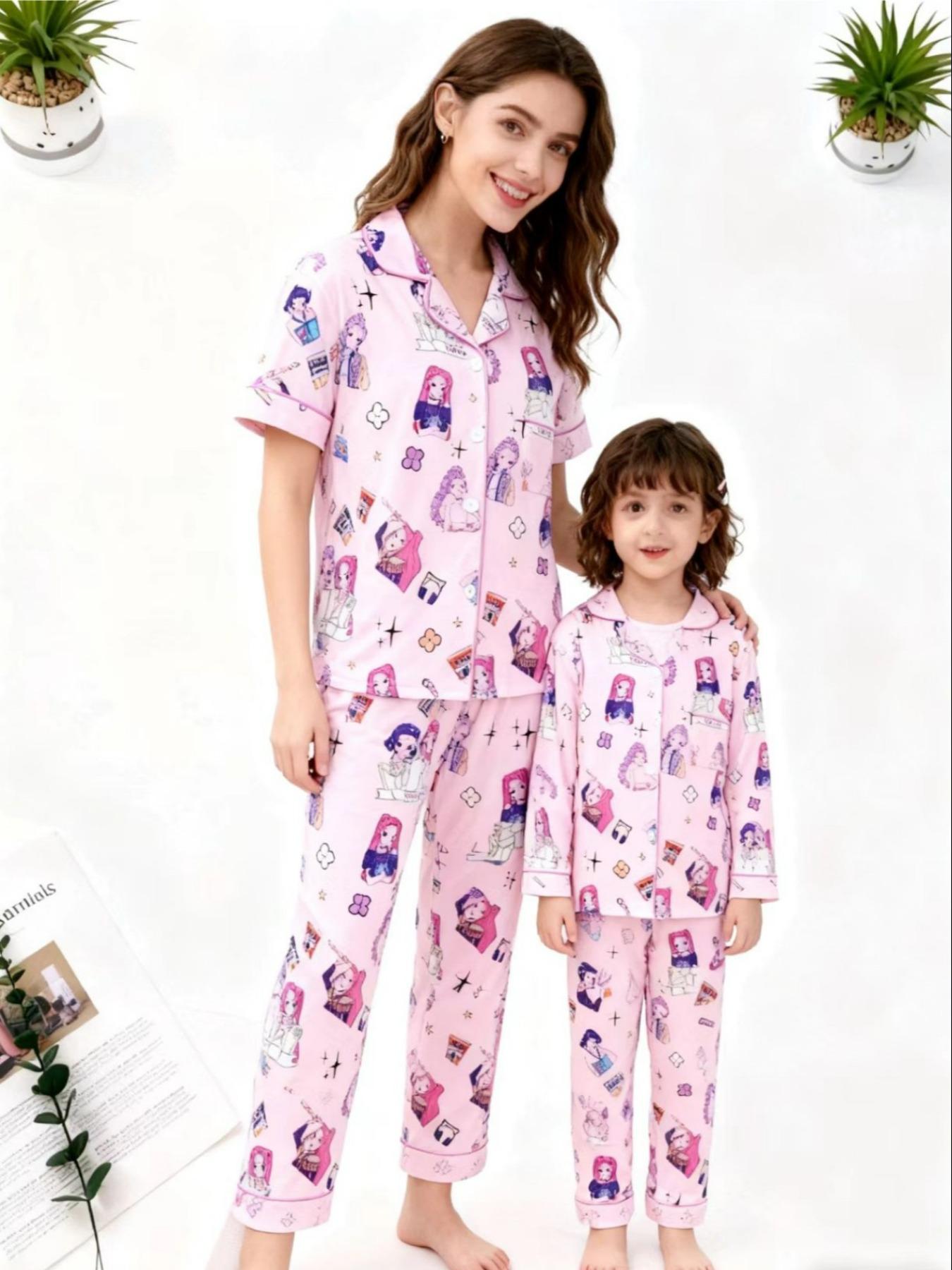 K-Pop Demon Hunter Kids Parent-Child Pajama Set, Cartoon Print Hooded Fitted Short Sleeve Top & Elastic Waist Long Pants, Comfortable Home Wear Nightwear