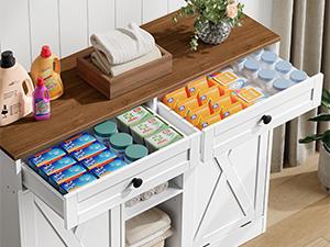 HOOBRO Tilt Out Trash Can Cabinet with 2 Drawers and Open Shelving, Farmhouse Double 23 Gallon Laundry Hamper Cabinet, Kitchen,  Hidden Trash Can for Bathroom, White and Walnut