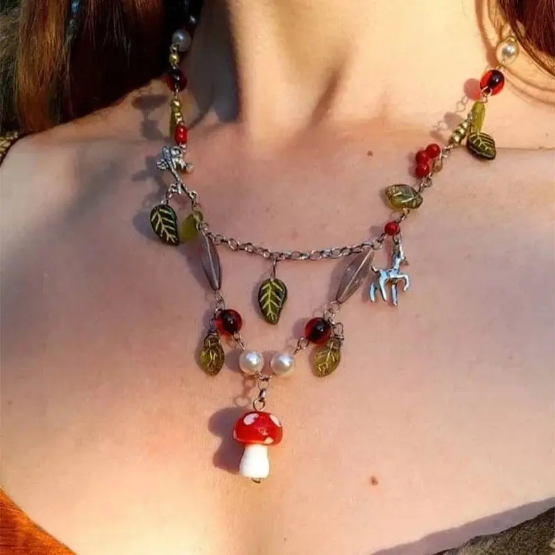 Amanita cottage core beaded fairy necklace mushroom Drop Chain initial fashion necklaces woman y2k