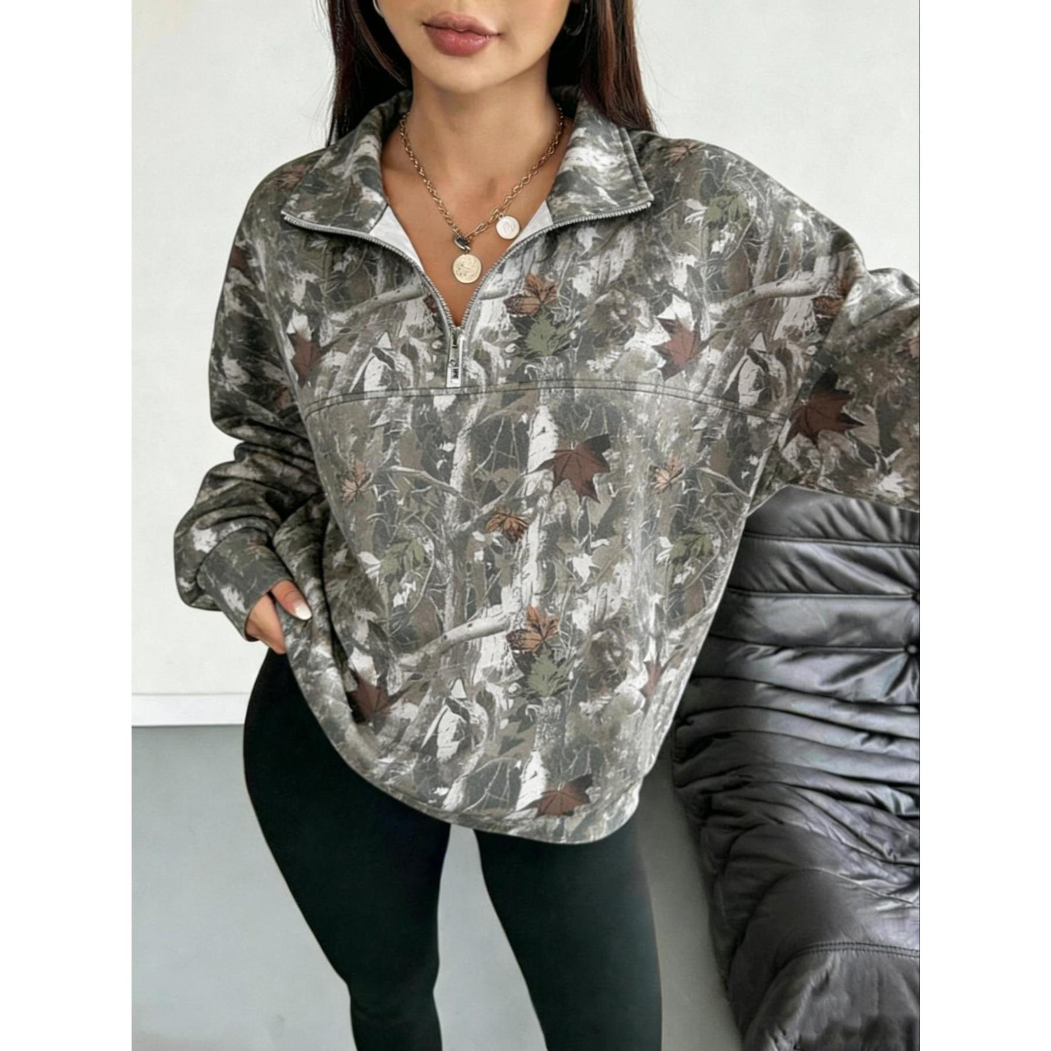Women's Hooded Half-Zip Casual Graphic Casual Hoodie Collared Round Neck Long Sleeve Sport Top, Full Print Leaf Pattern, Digital Printing, Loose Fit, Fall & Winter, Pullover Sweatshirts, Hoodie Sweatshirts