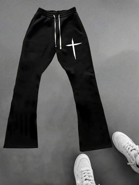 Men's black casual trousers with cross pattern print, elastic waist drawstring pants, suitable for autumn and winter wear.