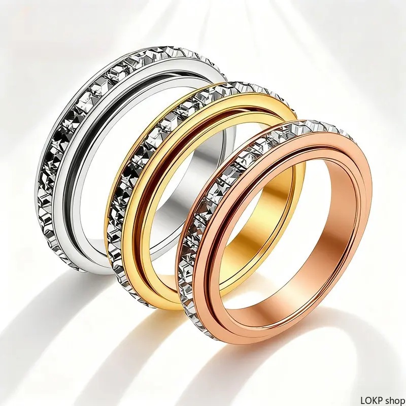 Women's 3-Pack Cubic-Zirconia Spinner Anxiety Rings, Kinetic Geometric Cube Fidget Bands, Stress-Relief Costume Jewelry for Gifting & Daily Casual Wear