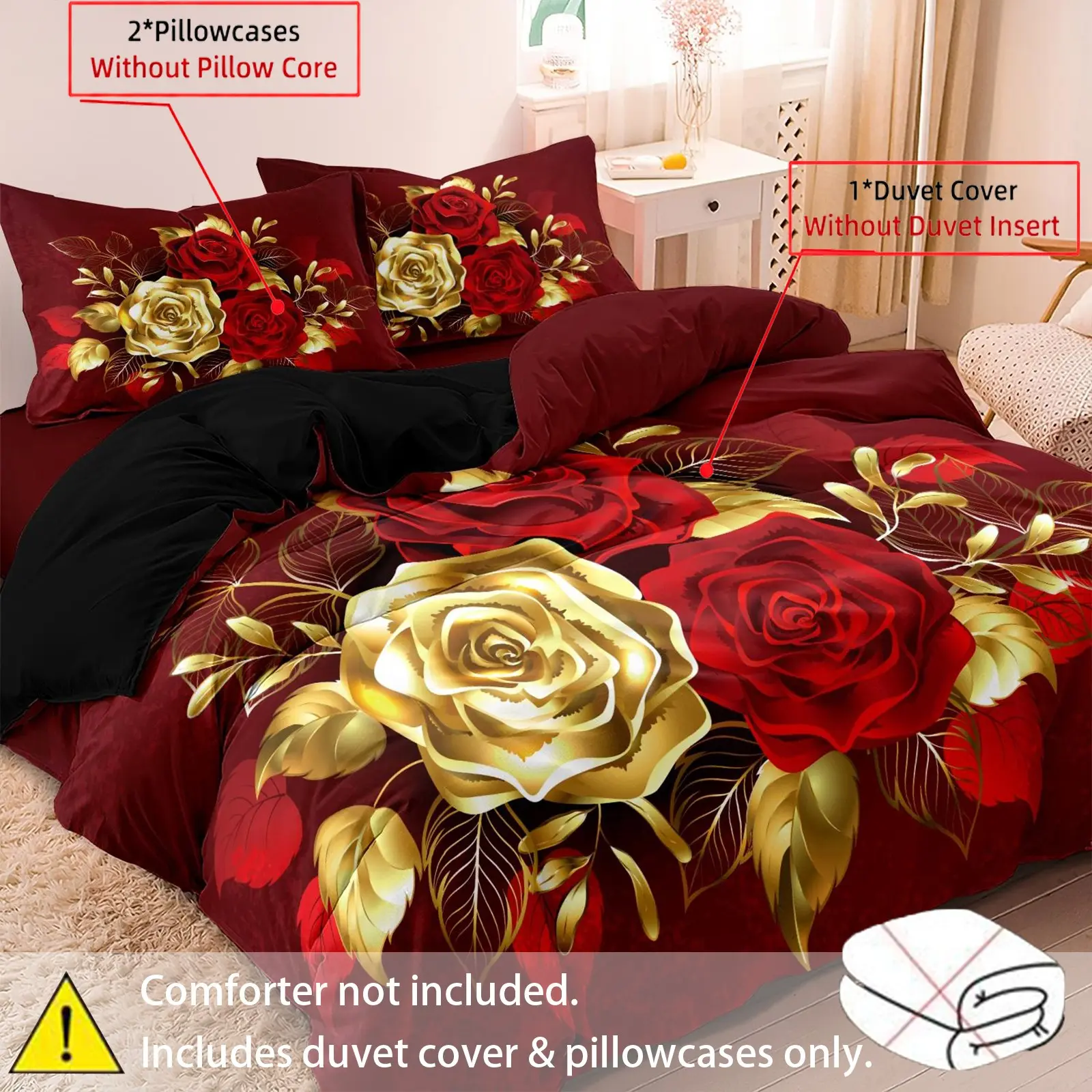 3-Piece Romantic Rose Floral Bedding Set, includes 1 quilt cover and 2 pillowcases, fits single and twin beds