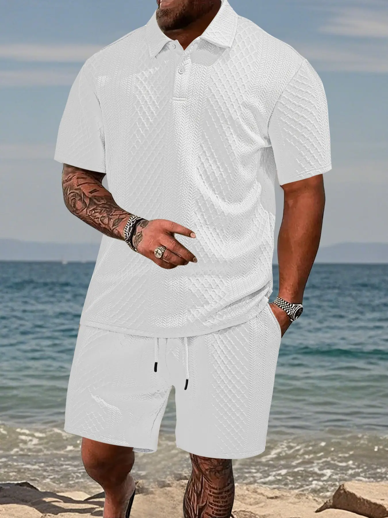 New Men's Two-Piece Set, Matching Plain Casual Polo Shirt with Drawstring Waist Shorts, Short Sleeve Collared Top and Pocket Sports Pants, Summer, Menswear, Clothes, Outfit
