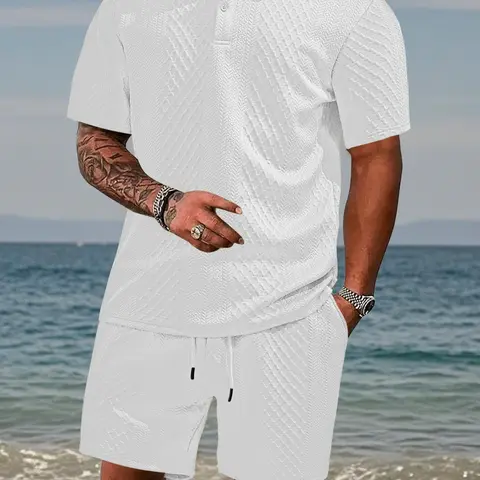 New Men's Two-Piece Set, Casual Commuter Set, Matching Plain Casual Polo Shirt with Drawstring Waist Shorts, Short Sleeve Collared Top and Pocket Sports Pants, Summer, Menswear, Clothes
