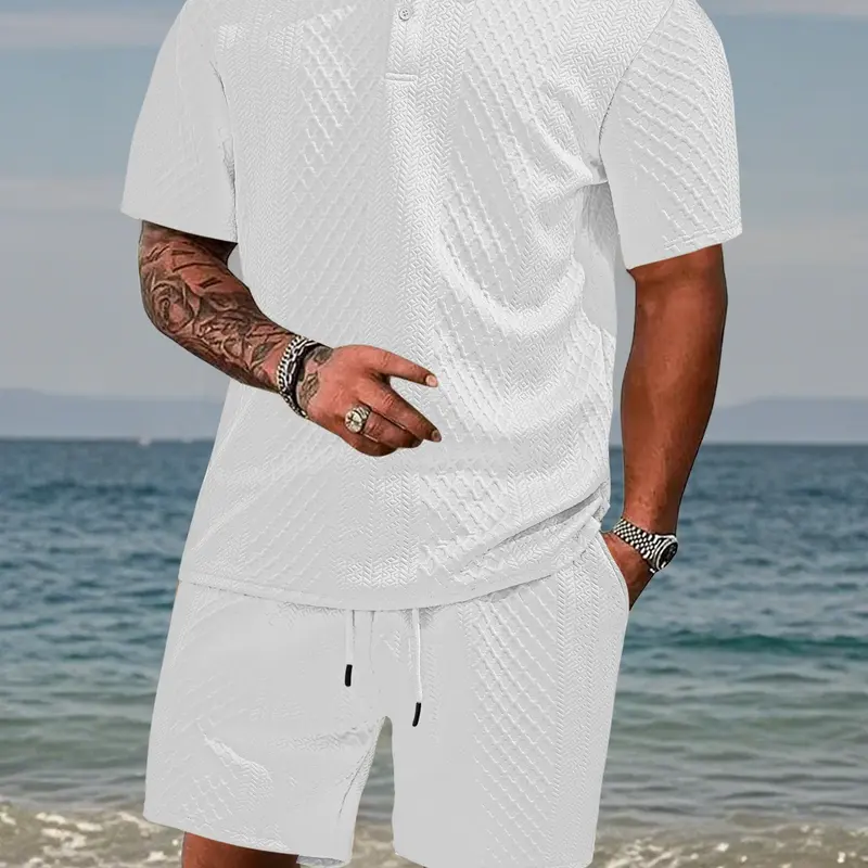 New Men's Two-Piece Set, Casual Commuter Set, Matching Plain Casual Polo Shirt with Drawstring Waist Shorts, Short Sleeve Collared Top and Pocket Sports Pants, Summer, Menswear, Clothes