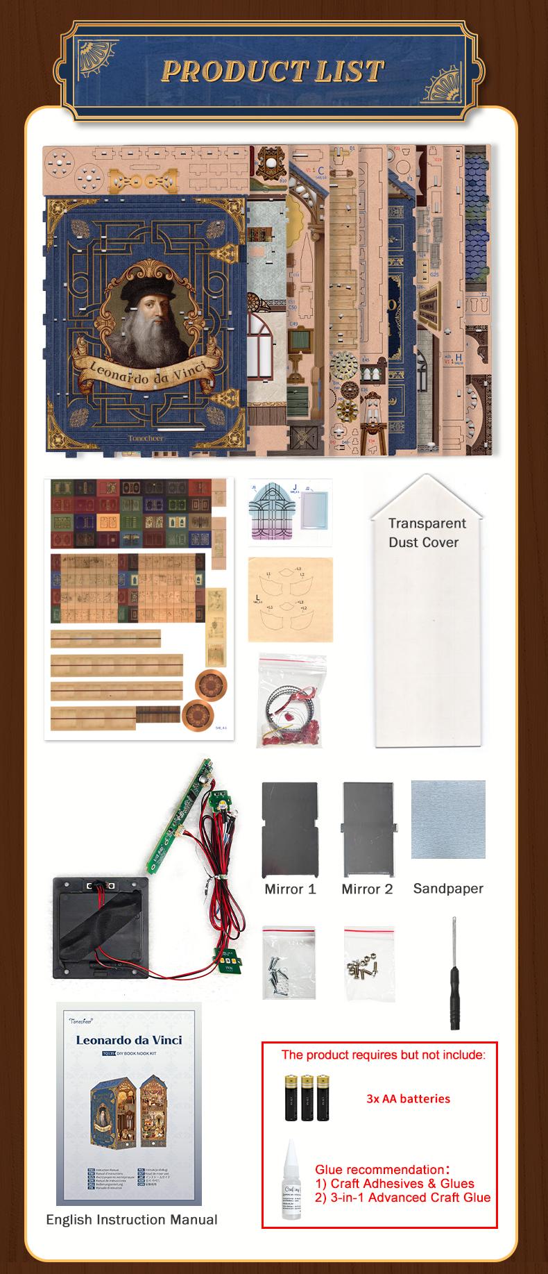 Tonecheer DIY Book Nook Kit for Adults, 3D Wooden Puzzle Bookend Miniature House Kit, Booknook Bookshelf Insert Decor with Dust Cover and LED Lights Gifts (Leonardo da Vinci)