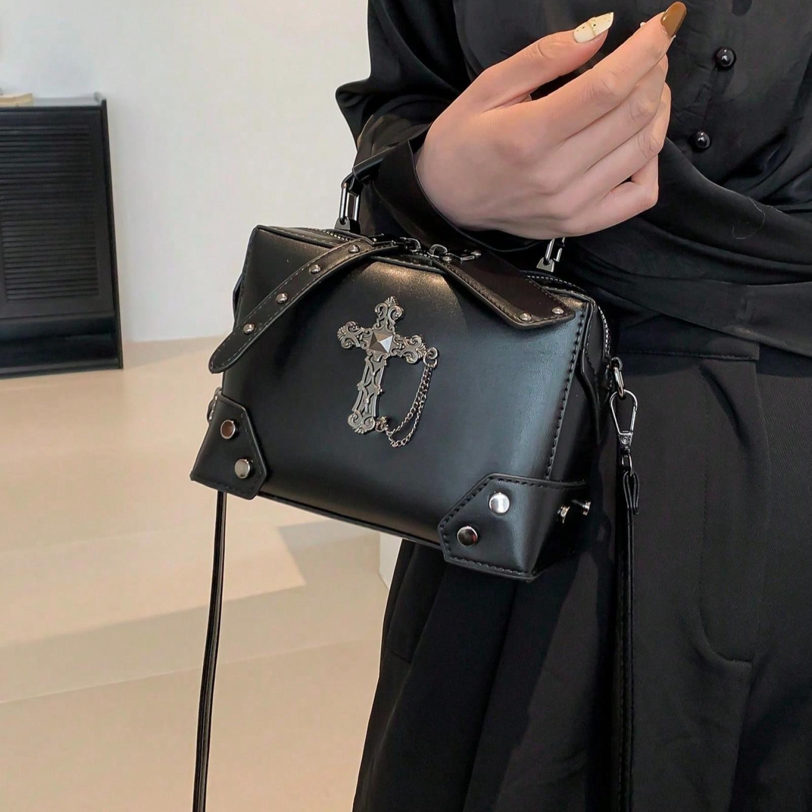 Black Cross Decorated Punk Rock Motorcycle Style Box Bag, Stylish Rivet Detail Shoulder Crossbody Makeup Everyday Bag for Women, Perfect for Daily Use and Dating Gift