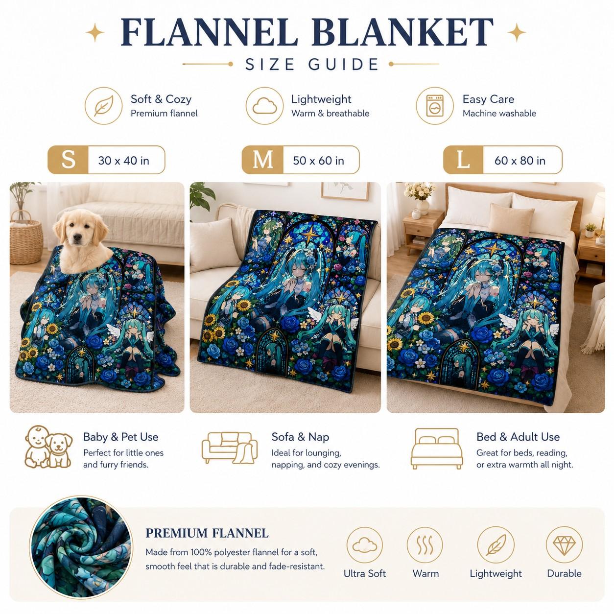 Hatsune Miku Vocaloid Flannel Blanket, Blue Rose Stained Glass Anime Throw for Bed Sofa, Soft Cozy Room Decor Gift for Fans