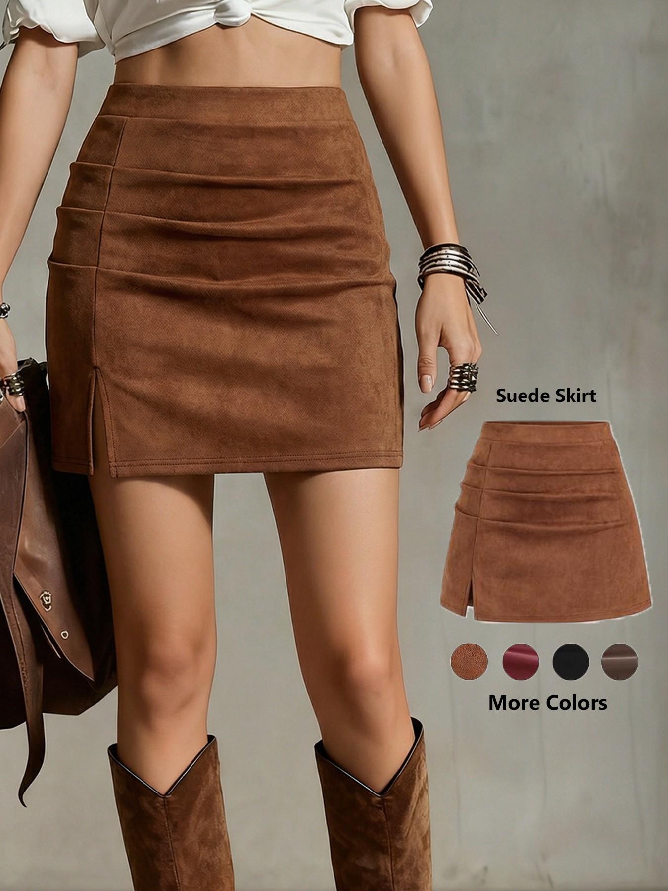 Women's High-Waisted Fitted Mini Short Skirt, PU Leather Chic Vintage Retro Y2K Side-Slit Pleated A-Line Skirt for Spring & Fall for Valentine's Day Date & Party