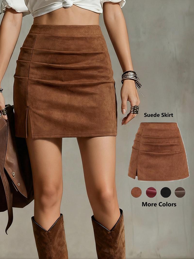 Women's High-Waisted Pleated Mini Skirt PU/Suede Leather Vintage Retro Y2K Side-Slit Flared A-Line for Spring Fall Brazilian Elegant Skirt  Valentine's Day Date & Party