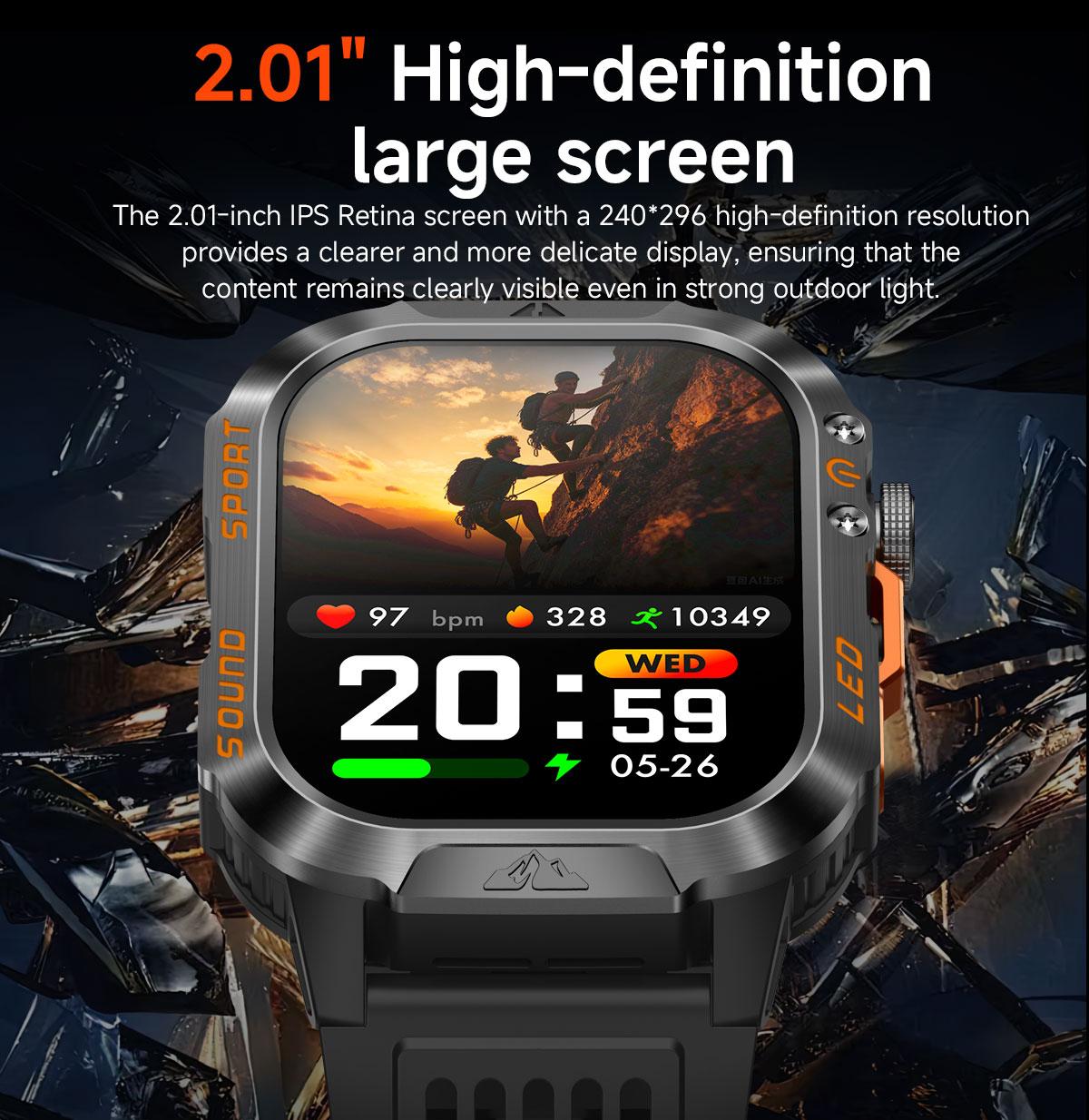 HT46 Outdoor Smart Watch Bluetooth Calling Heart Rate Sleep Blood Oxygen Monitor LED Light for Cycling Hiking Camping