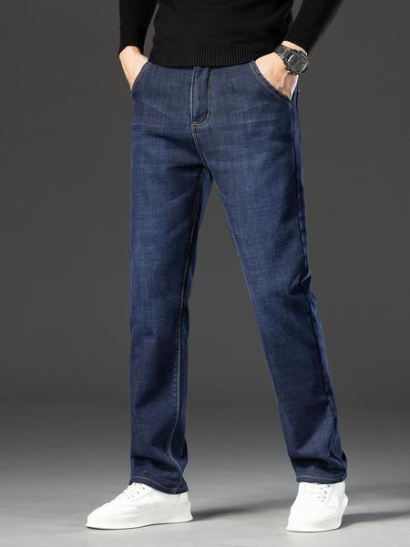 Men's Fleece Lined Denim Jeans, Loose Straight Leg Long Pants, Warm Fashionable Winter Washed Jeans, Casual All-Season Wear