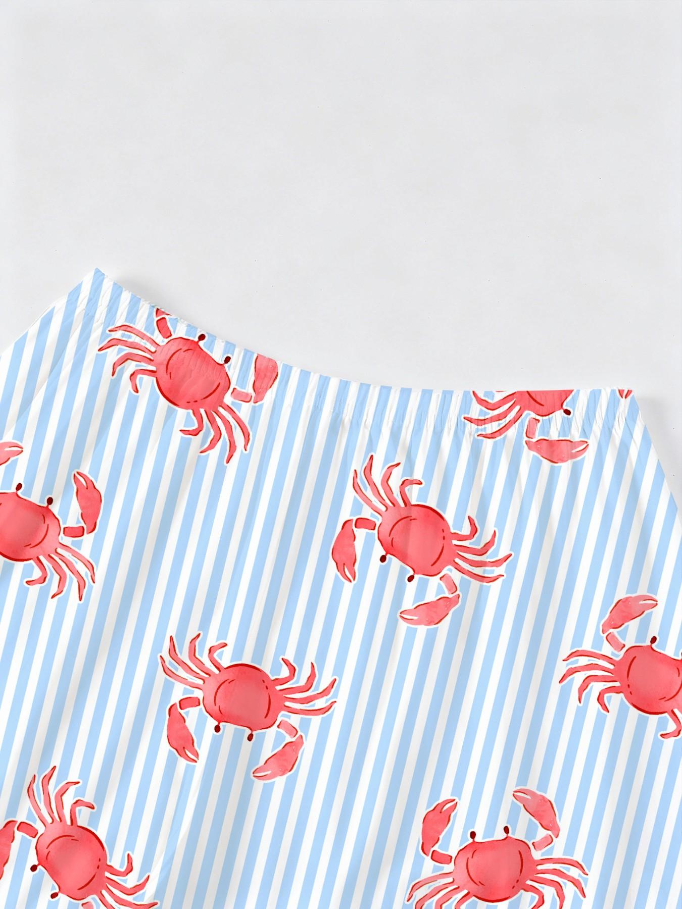 Women's 2-Piece Crab Print Pajama Set, Short-Sleeve Button-Up Top & Elastic Shorts, Casual All-Season Sleepwear, Homewear and Loungewear Set for Home and Party