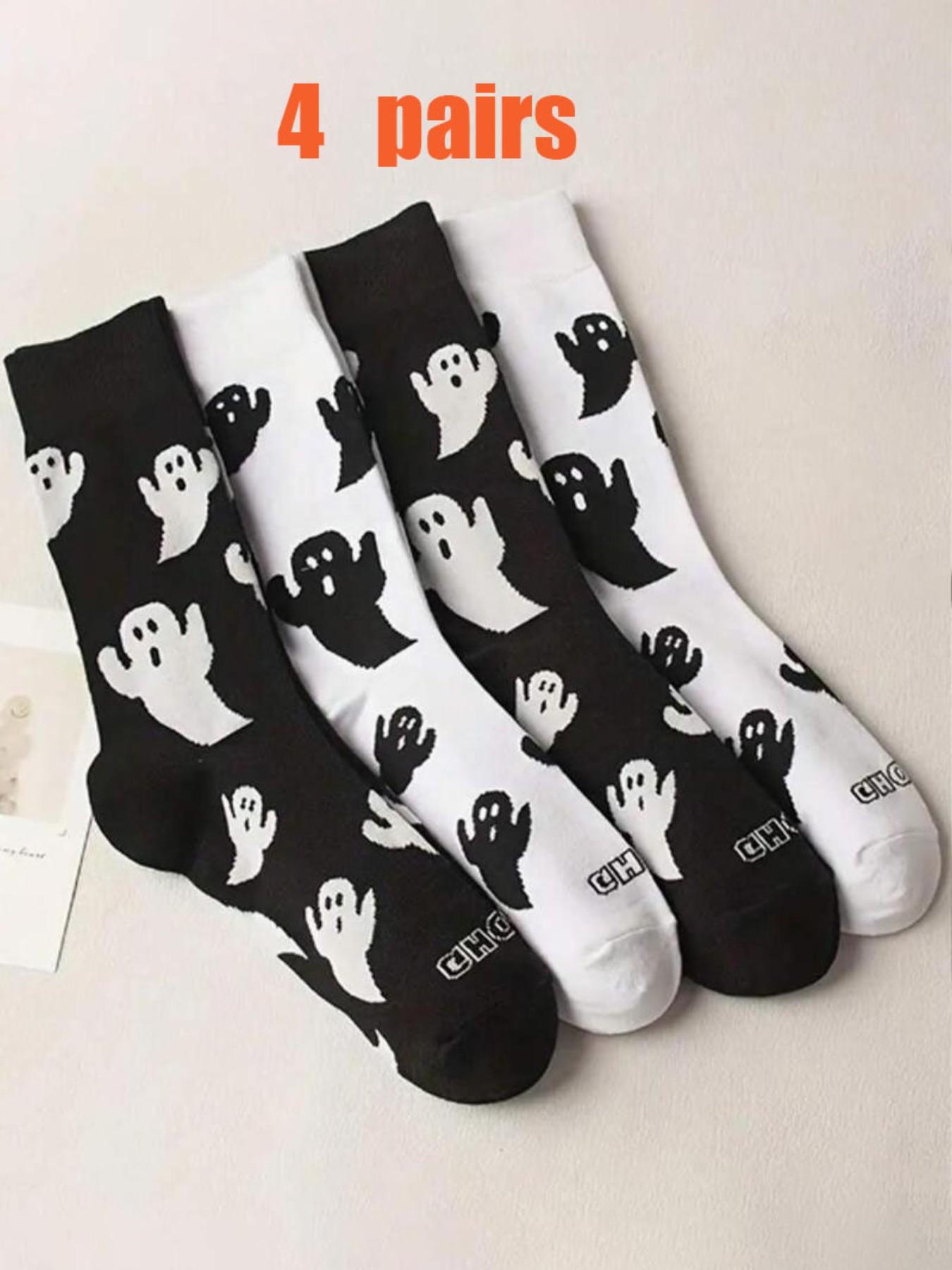 4 Pairs Unisex Cute Ghost Print Crew Socks, Fun Casual Streetwear Socks