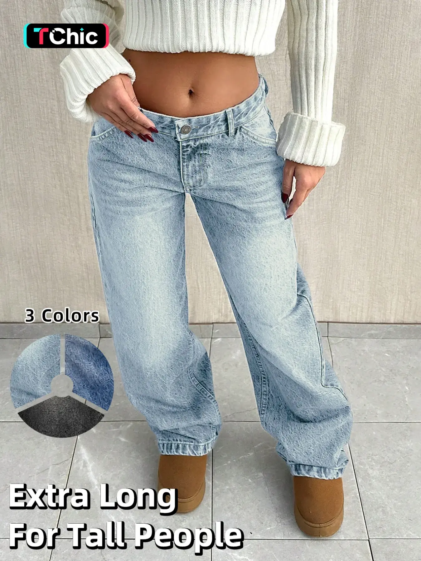 Tall Women's Light Blue Washed Low Rise Loose Wide Leg Jeans, Classic Retro Casual Long Pants for All Seasons, Fitted Style with Natural Waist, Extra Long Length, Button