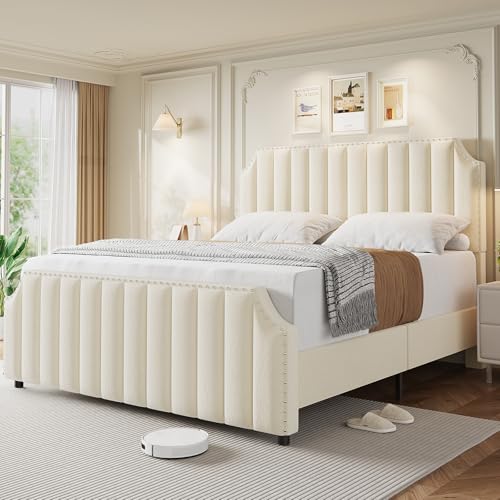 King Size Platform Bed Frame with 50.2" Tall Headboard, Velvet Upholstered Bed Frame King with Vertical Channel Tufted Headboard & Footboard, Nailhead Trim, No Box Spring Needed