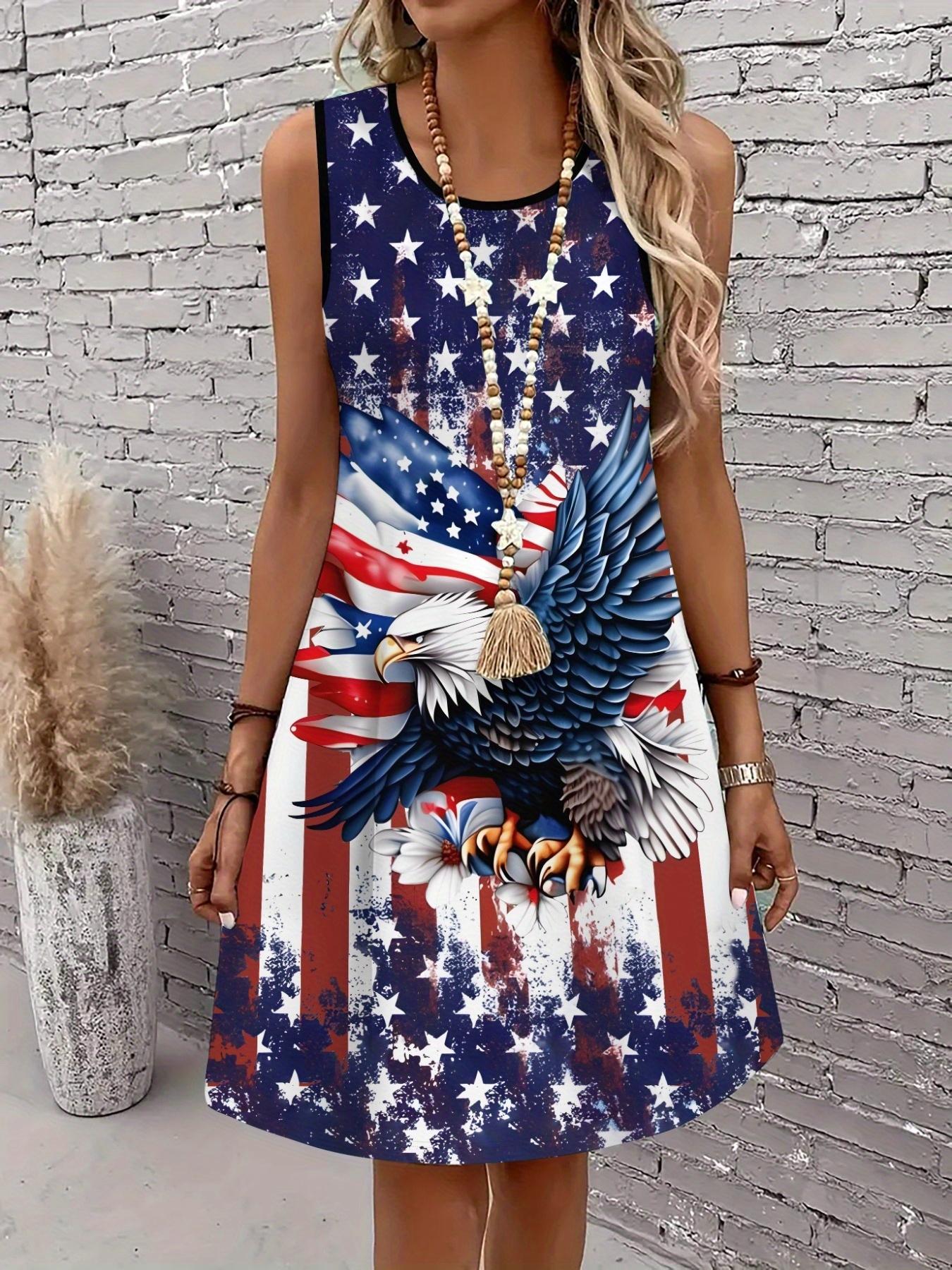Women's sleeveless A-line dress featuring a U.S. flag print, perfect for celebrating Independence Day