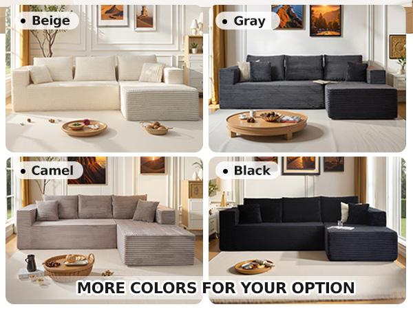 CHORRO 108''Sectional Boneless Cloud Sofa,Modern Modular L-Shape Couch for Living Room,Corduroy Convertible Sponge Sleeper Sofas,Upholstered Lougne Chaise Couchs-with Soft Pillow(Camel,Left Chaise)