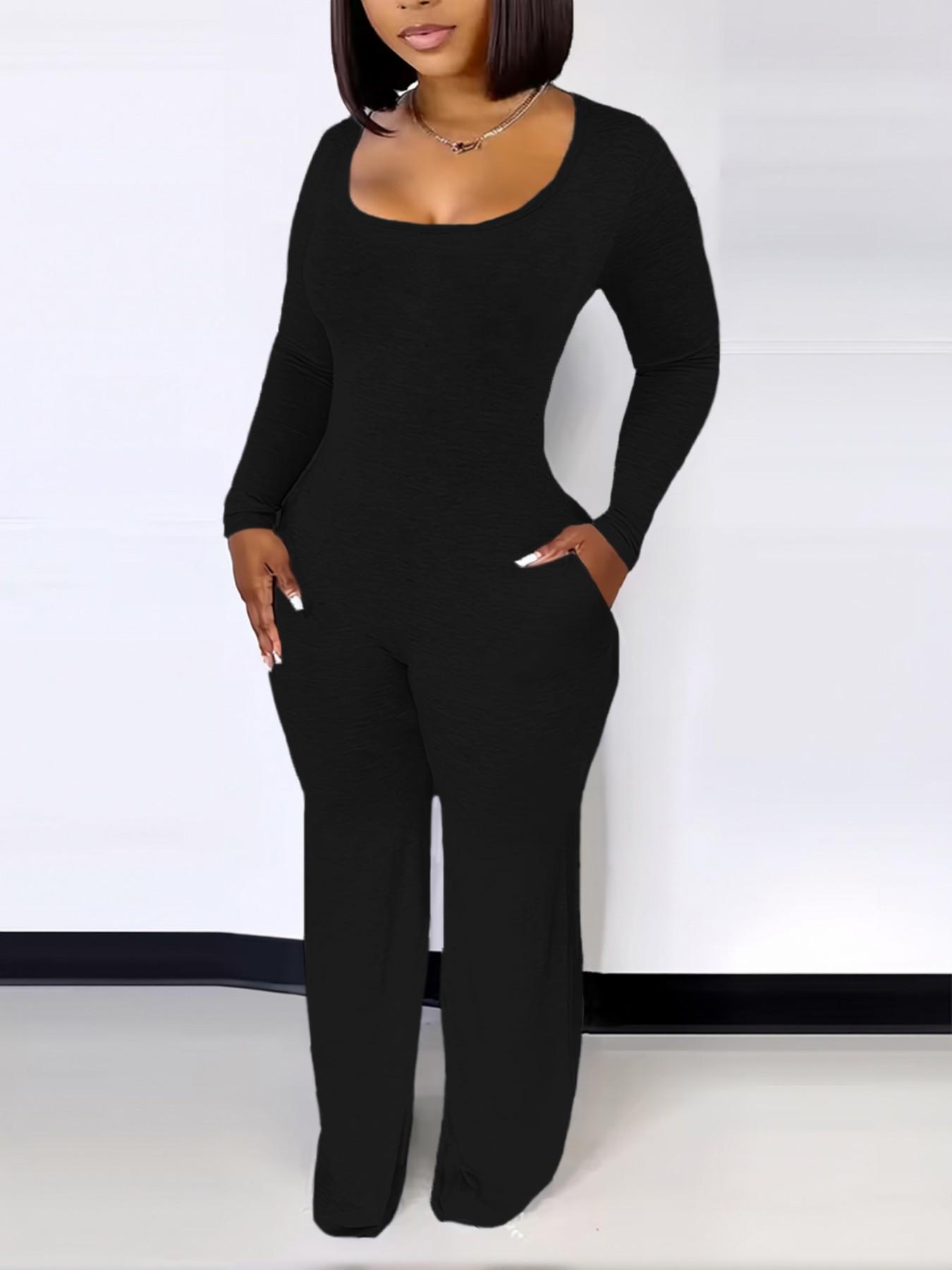 Women's Sexy Fitted Long Sleeve Jumpsuit, Plain Pattern, Minimalist, All Seasons Fashion, Low Neck Pocket Design, European & American Style