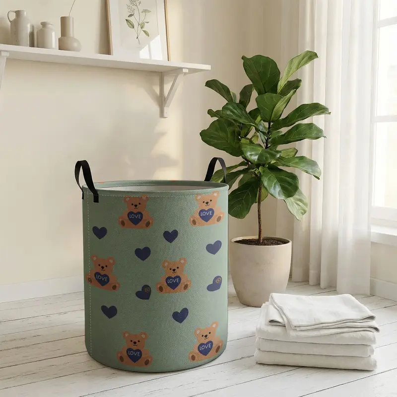 Valentine's Day Toy Bear Print with Handle, Durable Halloween Foldable Dirty Clothes Storage Bin, Large Capacity, Collapsible Laundry Hamper