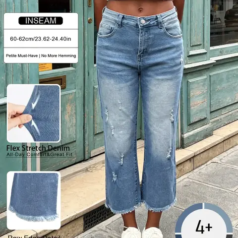 Women's Elastic Ripped Straight Leg Denim Jeans, Stretch Straight Jeans, Casual Everyday Loose-Fitting H-Type Jeans for All Seasons, Washable Summer New Arrival, Womenswear Pants Bottoms