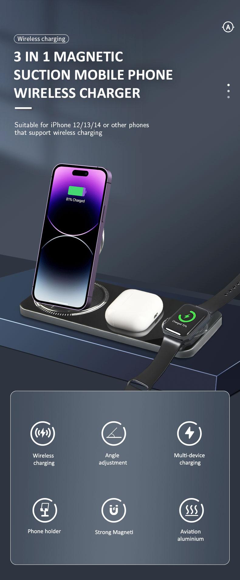 3 in 1 Wireless Charger Dock Station Foldable Max 15W Fast Charging with Magsafe Wireless Charger for iPhone12/13/14/15/16 Series for AirPods iWatch Series Wireless Charger