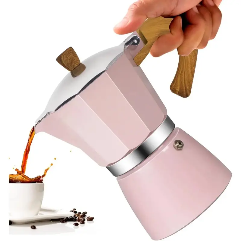 6-Cup Aluminum Moka Pot with Lid, Classic Stovetop 300ml/10oz Percolator, Greca Home Supplies for Italian Cafe Brewing, Pink Coffee Pot