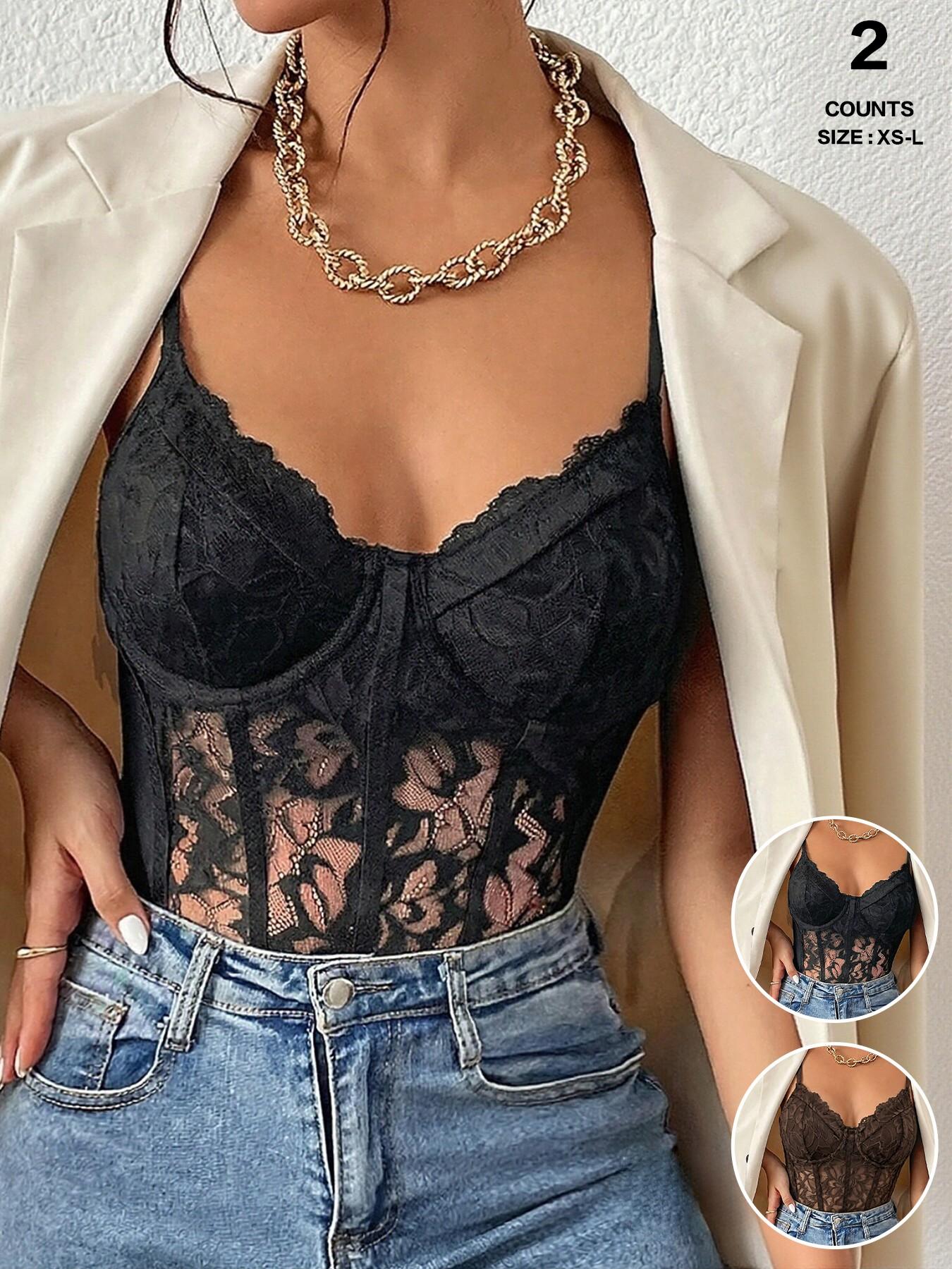 Women Spaghetti Strap Floral Lace Corset Bodysuit, V Neck Scalloped Sheer Mesh, Slim Waist Shaping, Casual Romper for All Seasons