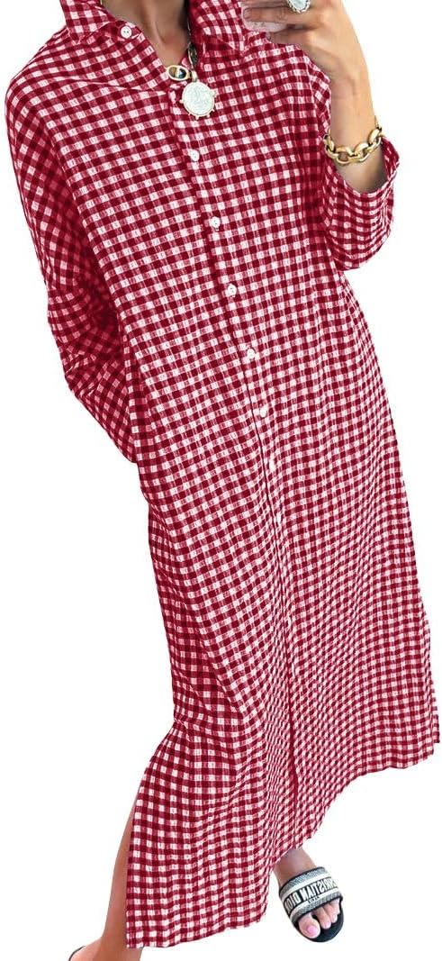 Women's Casual Loose Button Down Plaid Shirt Dress Long Sleeve Side Slit Cotton Gingham Maxi Dress
