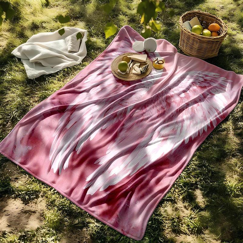1 piece Pink angel wings with a beautiful artistic conception themed flannel blanket - Oversized fluffy warm sofa blanket, suitable for beds and sofas, modern geometric pattern design, all-season use, digital printing, 100% polyester material