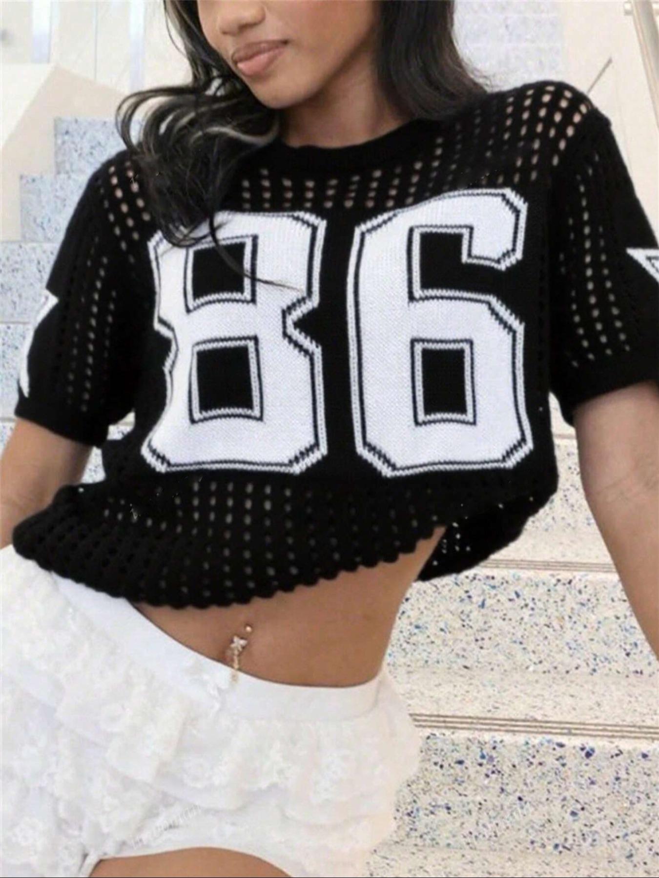 Women's Number Print Hollow Out Sweater, Casual Chic Fashion Round Neck Knit Top for Summer, Breathable Fashion Women's Knitwear for Daily Wear, Womenswear