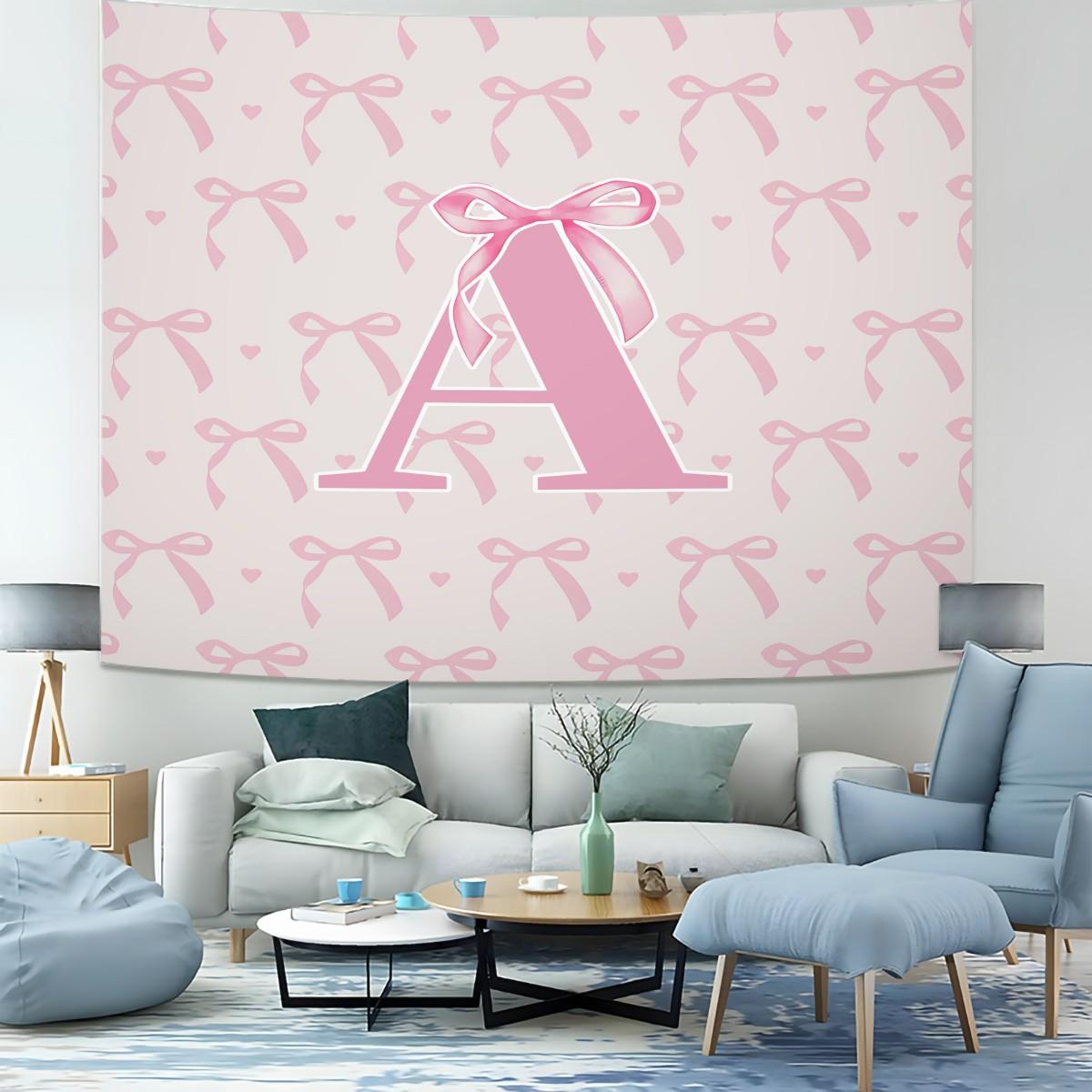Pink Bow Heart Wall Tapestry, Custom Initial Sweet Print, Soft Decorative, Ideal for Girls Bedroom Living Room Wall Decor